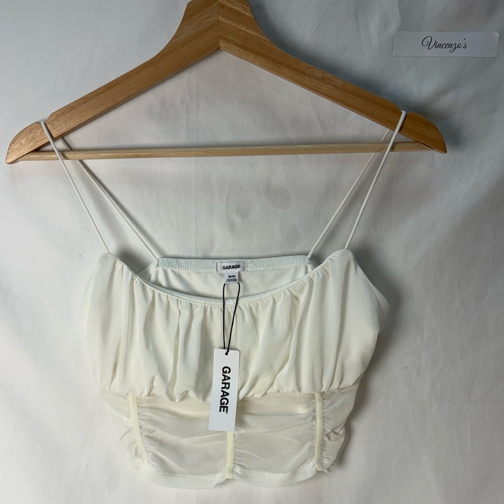 Garage White Mesh Corset Crop Top Size M NWT Ruched Bust Cami Bungee Strap
